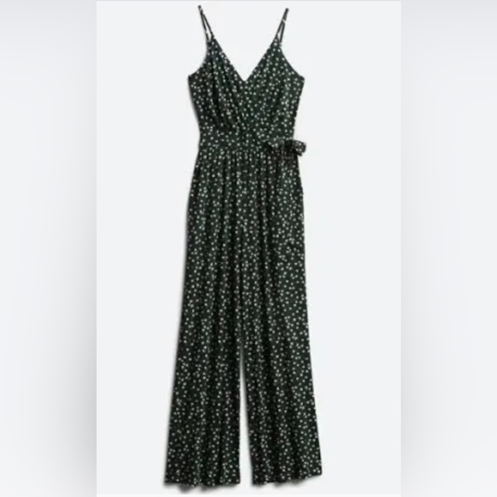 Stitchfix Kaleigh jumpsuit. Green with cream and small burgundy/purple accents.